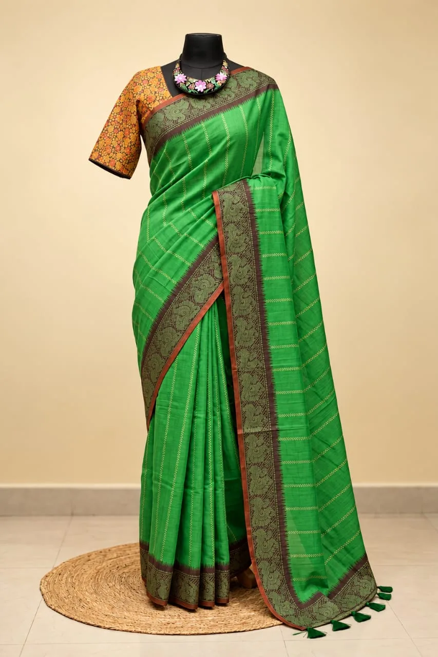 Peacock Border Dotted Striped Linen Cotton Saree